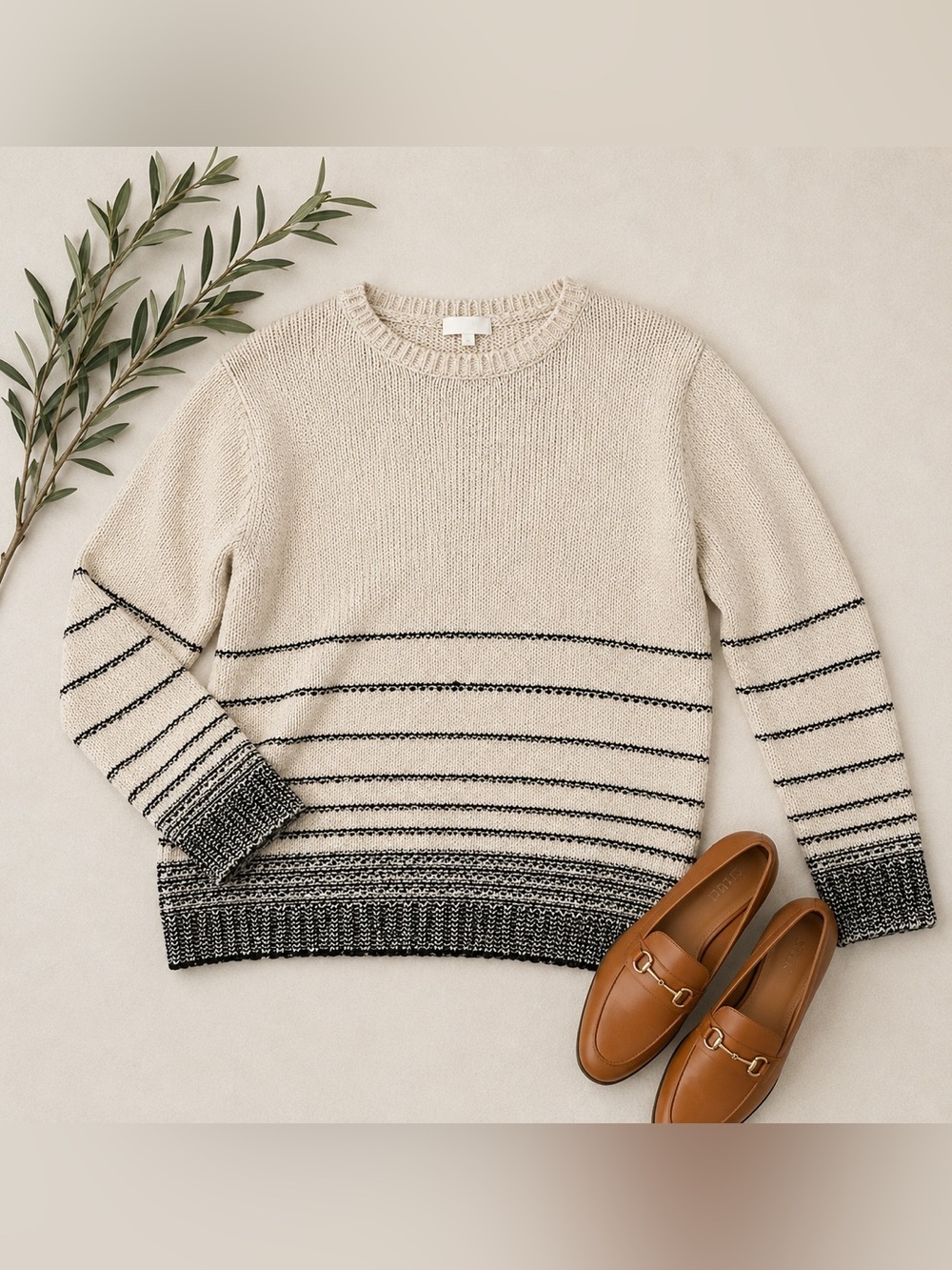 J. Jill Wool and Cotton Knit Crewneck Sweater Cream and Black Size L - Picture 13 of 14